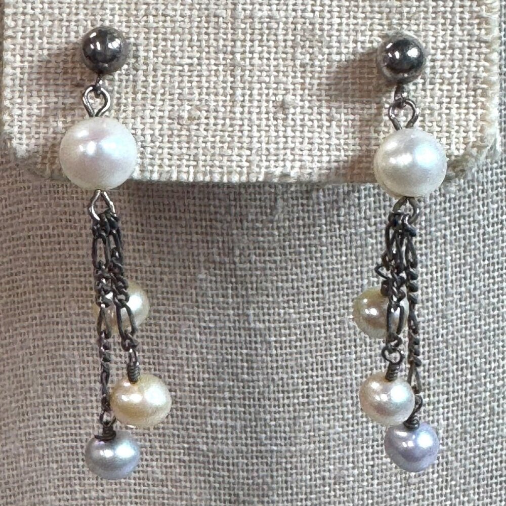 Vintage Sterling Silver Pearl Dangle Chain Earrings 925 Marked Bridal Wedding